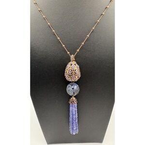 GINDIA 925 Necklace Purple Rhinestone Egg‎ Beaded Tassel Carved Agate 26 In